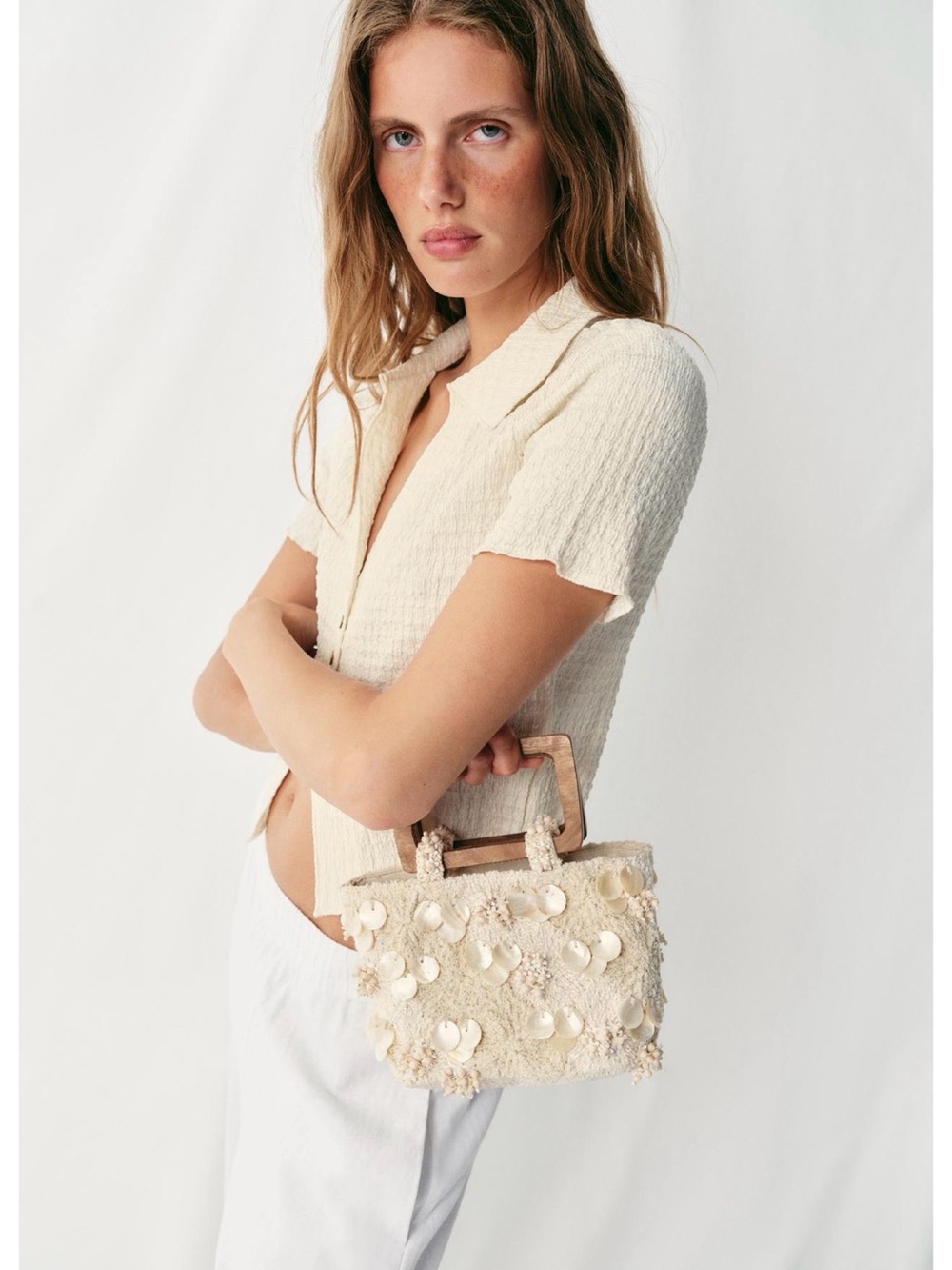 Zara Cream Beaded Mini Tote with Wooden Handles